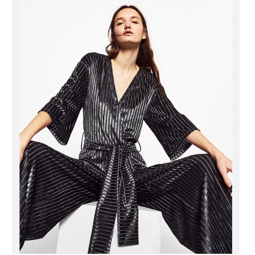 Zara Gray Velvet Striped Jumpsuit Size Medium